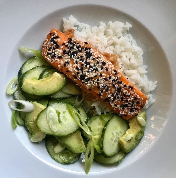 Miso, Ginger Glazed Salmon Cucumber Avocado Salad &ndash; 50Hertz Tingly Foods