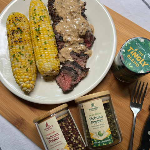 Tingly Steak Au Poivre and Grilled Corn with Tingly Butter Sauce